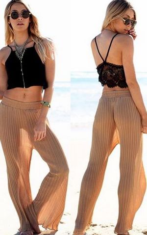 W25049 Sexy Khaki Strip Pattern Decorated Loose Design Beach Pants